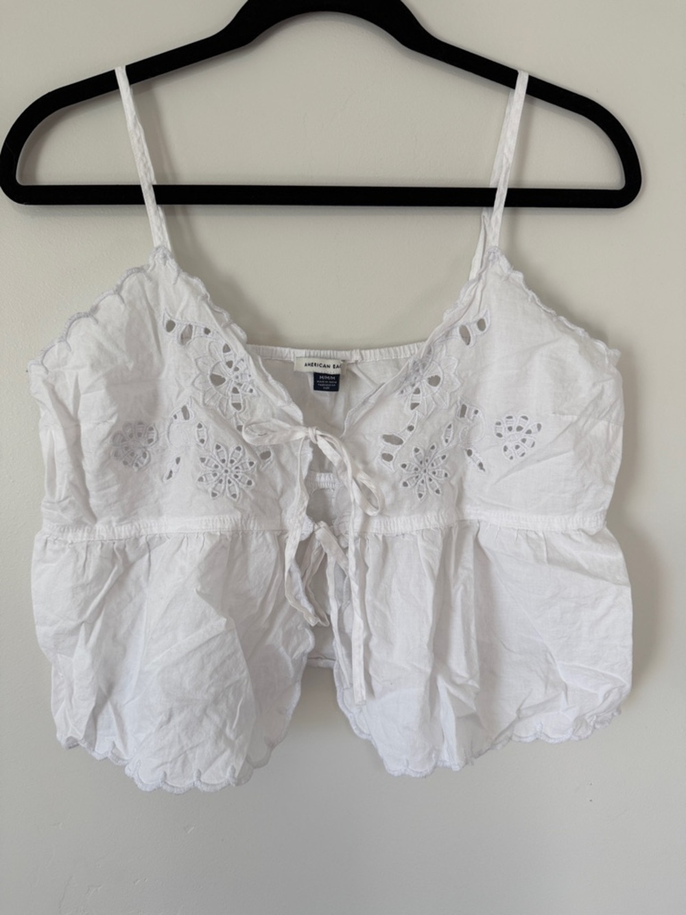 American Eagle White Eyelet Tie-Front Cropped Tank